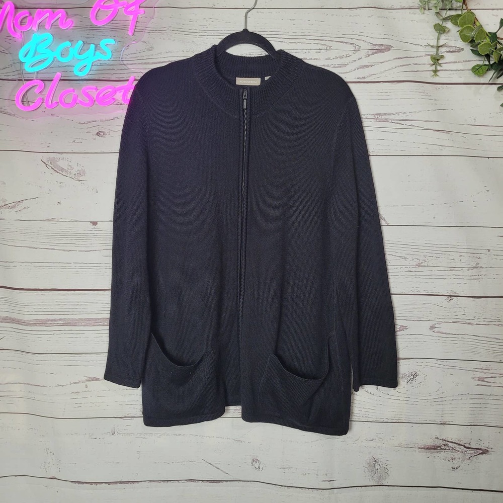Nordstrom Black Wool Blend Longline Pocket Full Zip Sweater Cardigan Woman Large